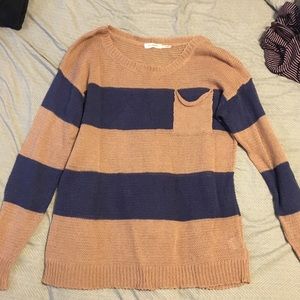 Loose fitting blue and tan sweater